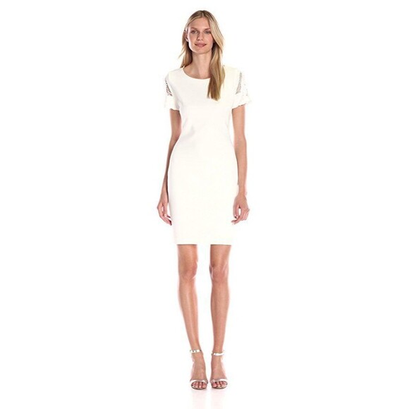 New NWT Womens 12 Tommy Hilfiger White Dress Lace Sleeve Accents Sheath Scuba - Picture 1 of 7